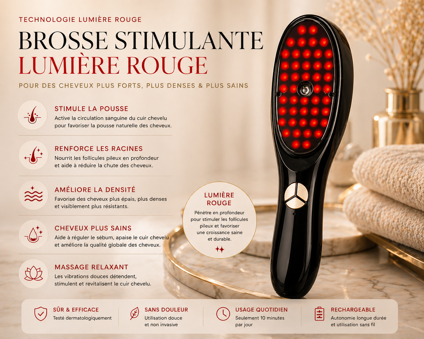 Lumina Hair - Brosse LED stimulantes pour cheveux plus denses