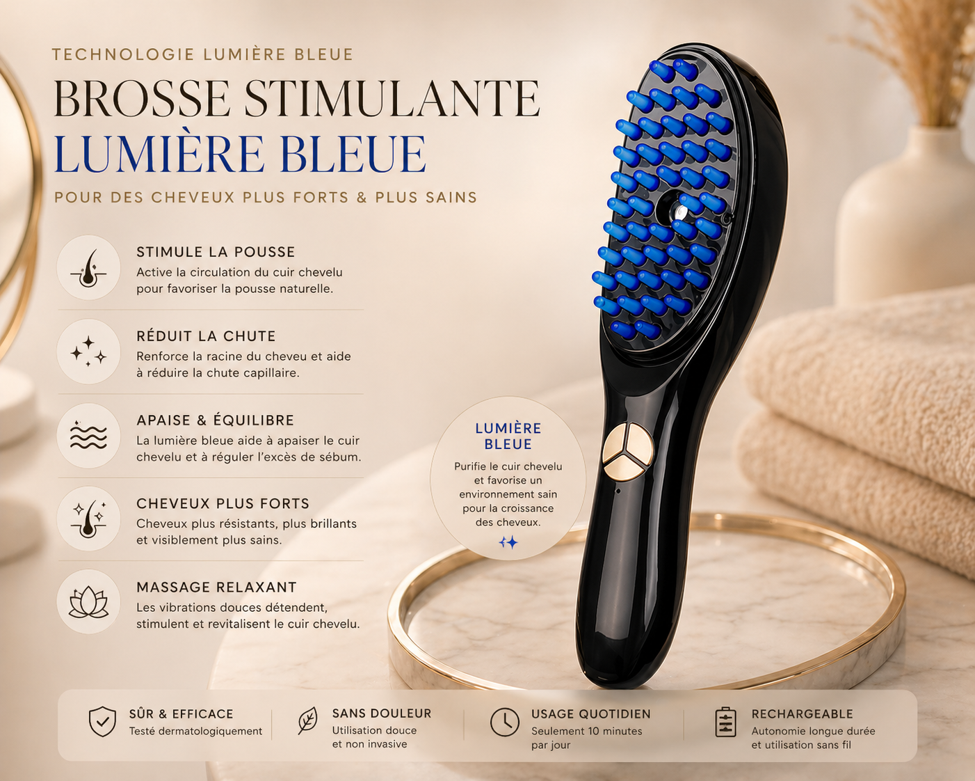 Lumina Hair - Brosse LED stimulantes pour cheveux plus denses